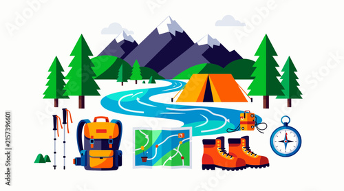 Outdoor Adventure Flat Design: Camping, Hiking, Backpacking Gear, Mountains, River, Map, Compass