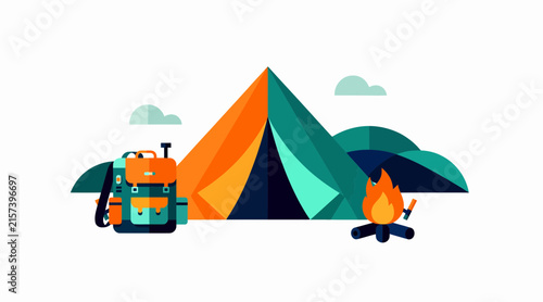Outdoor Camping Adventure: Tent, Backpack, Campfire, Mountains - Flat Design Illustration