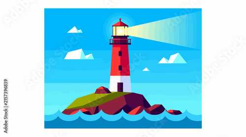 Red and white lighthouse on a rocky island, shining bright beam of light over blue ocean waves and clouds.