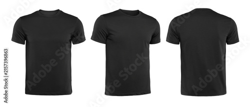 Blank black men t-shirt mockup set showing front angle and back view isolated on white background