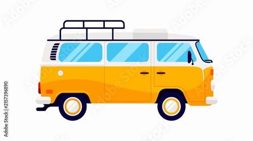 Retro Camper Van Illustration - Vintage Orange and White Minibus with Roof Rack on White Background