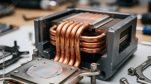 Computer cpu cooling system with copper heat pipes and aluminum heatsink computer processor heatsink hardware technology electronics component internal assembly maintenance engineering