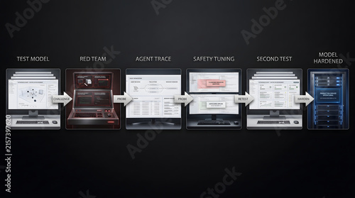 Artificial intelligence security evaluation workflow diagram showing automated red teaming safety tuning and model hardening procedures for production systems