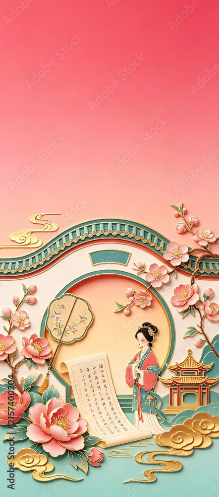 Obraz premium 3D Paper Art Ancient Chinese Woman Moon Gate Peach Blossoms Scroll Pink Teal