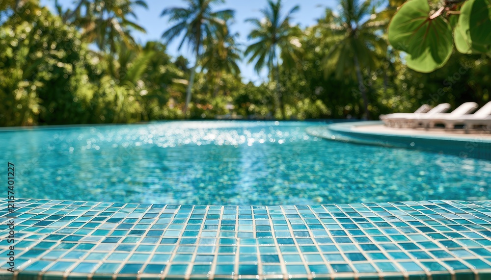Fototapeta premium Sparkling blue resort pool with sun loungers, palm trees, and tropical foliage