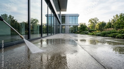 Modern architecture building glass facade pressure washing exterior concrete area with water spray.