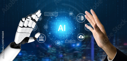 Tapety artystyczne AI-powered central processing system shows insight, logic, data flow and platform intelligence in connected digital network. Corpus