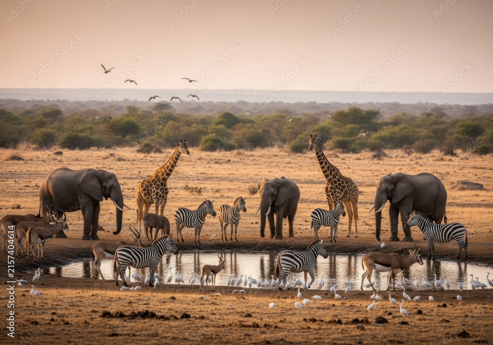 Naklejka premium Diverse Wildlife Gathering at an African Waterhole During Sunset