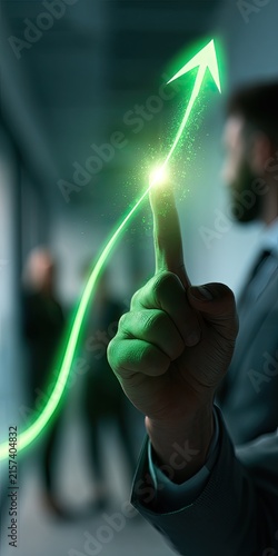 A hand points at a glowing green upward arrow symbolizing growth and progress