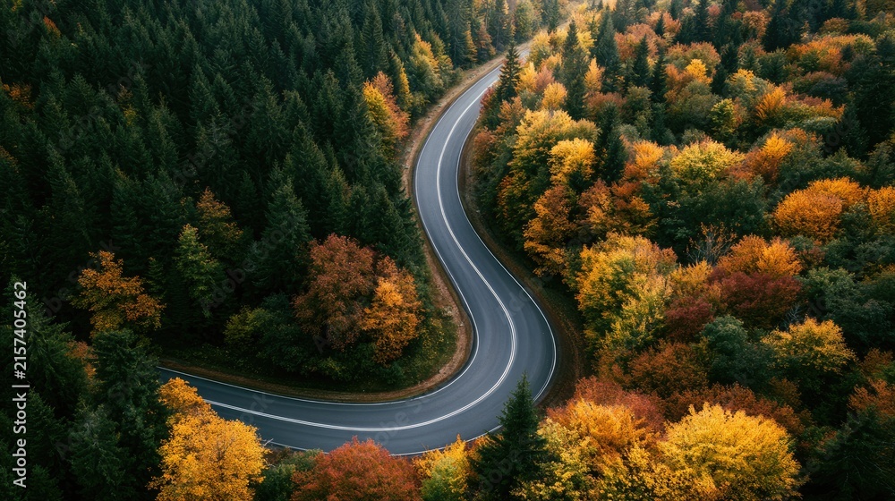 Fototapeta premium Winding road through a vibrant autumnal forest, aerial view