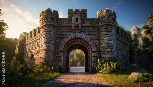 Medieval stone castle entrance gate.