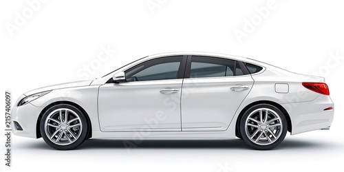 Side view of a sleek white sedan parked on an isolated white background.