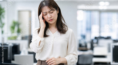 こめかみを押さえて頭痛や疲労に耐える会社員の女性