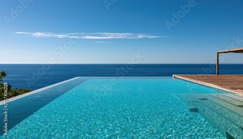 Luxurious infinity pool overlooks a vast blue ocean under a clear sky