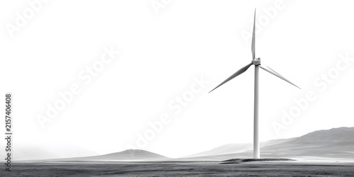 Single wind turbine stands alone in stark monochrome landscape against bright sky.