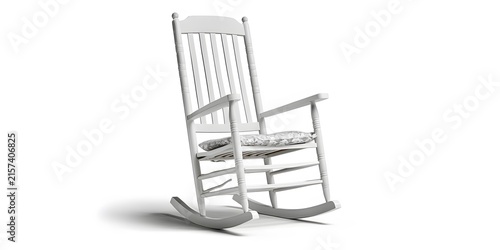 A white wooden rocking chair stands alone on an isolated background