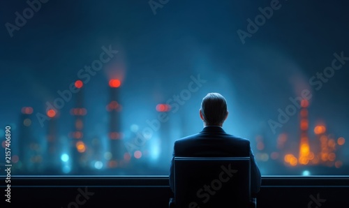 Wealthy industrialists overseeing financial power urban cityscape photography nighttime atmosphere corporate perspective