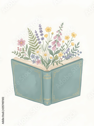 Whimsical Open Vintage Book with Blooming Wildflowers Illustration