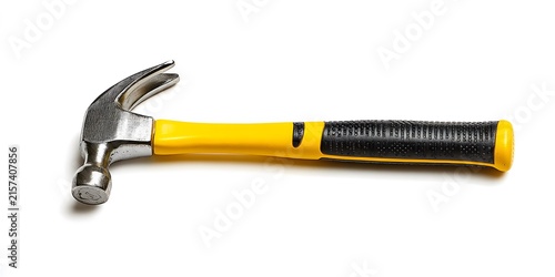 Yellow and black handled claw hammer with metal head resting on white surface.