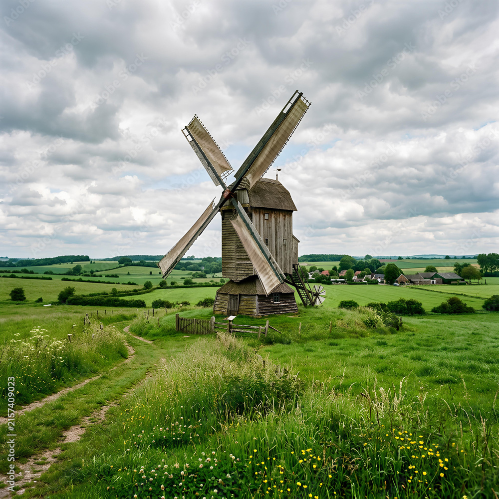 Fototapeta premium Rustic wooden windmill in green meadow under cloudy sky