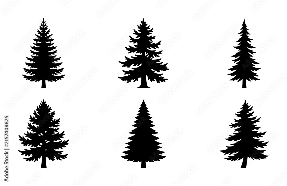 Obraz premium Pine Tree Silhouettes, Evergreen Conifer Vector Icons, Forest Nature Graphics, Winter Woodland Elements