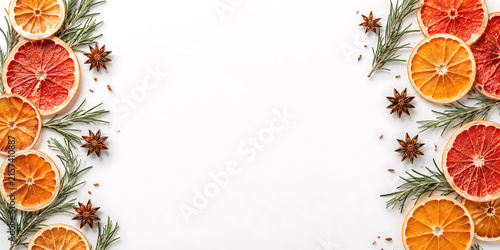 Christmas holiday background with dried orange slices and rosemary christmas rosemary background