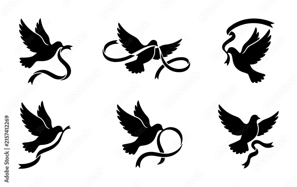 Fototapeta premium Peace Dove Vector Icons, Elegant Flying Birds with Ribbons, Symbol of Hope and Freedom Graphics
