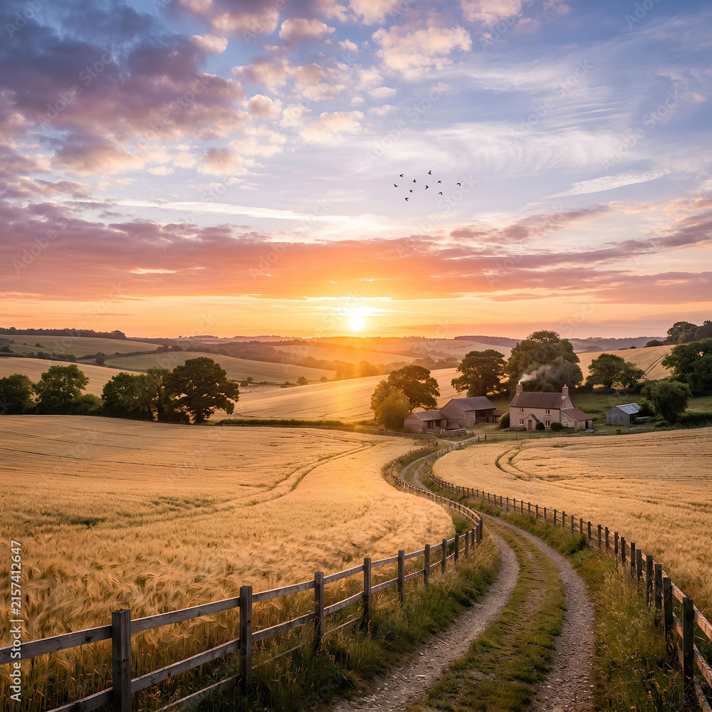 Fototapeta premium Sunset over a rolling English countryside and farmhouse.