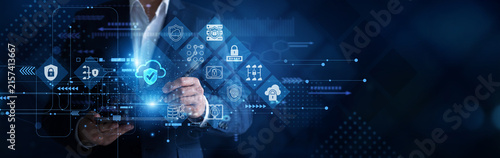 Security engineer working on tablet evaluating the metrics and point of strategic global development framework structural growth planning. Digital advanced Cloud Security mapping a network.
