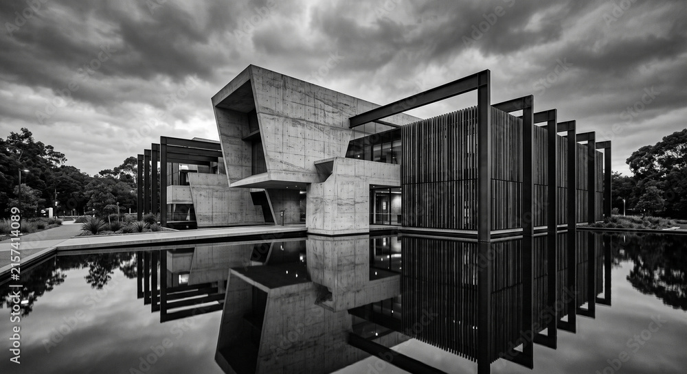 Naklejka premium Monochrome architecture of modern brutalist concrete interior structure with columns and geometric arches