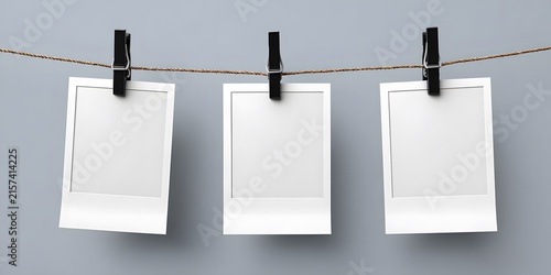 Three blank instant  photographs hanging on a line with black clips against a gray background