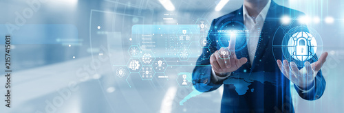 Fotografía IT professional hand touch name of network security firewall on virtual dashboard to detect intrusion attempts, monitor traffic flow and safeguard corporate infrastructure from hacking