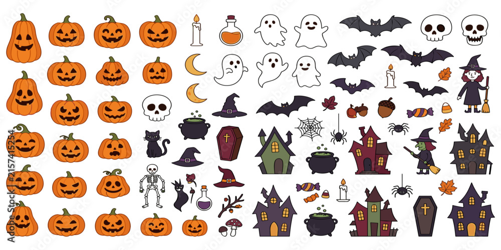 Obraz premium Cute Halloween vector stickers bundle pack with spooky pumpkins witches ghosts skeletons and haunted houses
