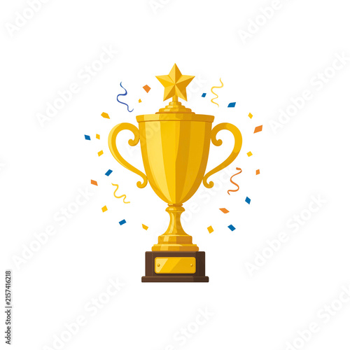 Golden trophy with a star on top and confetti falling, symbolizing achievement, victory, and success in competitions and awards