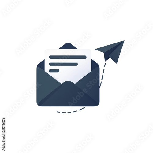 Open mail envelope vector illustration with paper plane graphic representing digital communication and email newsletter message delivery