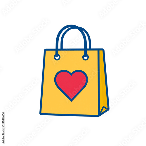 Vector illustration of a yellow shopping bag icon with a red heart symbol, representing love for retail, shopping, and Valentine's Day gifts