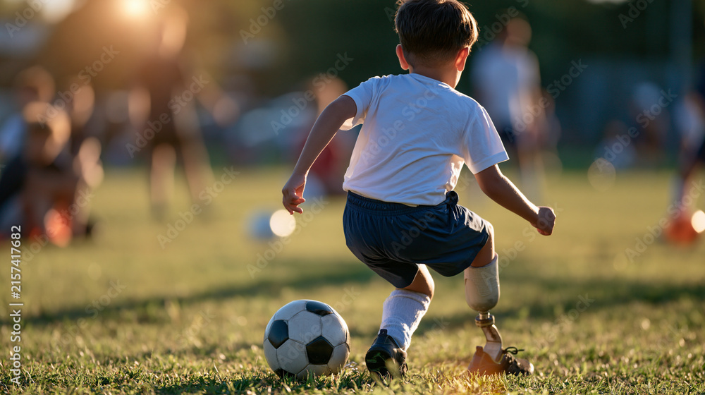 Fototapeta premium rear view of a young boy with a prosthetic leg playing soccer in a bright sunny park, back to camera, inclusive sports concept, determination, active lifestyle, childhood,
