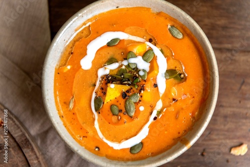 Canvas Print Creamy pumpkin soup with seeds.