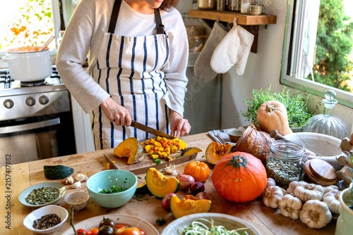 Obraz na plátne Cozy autumn kitchen cooking scene.