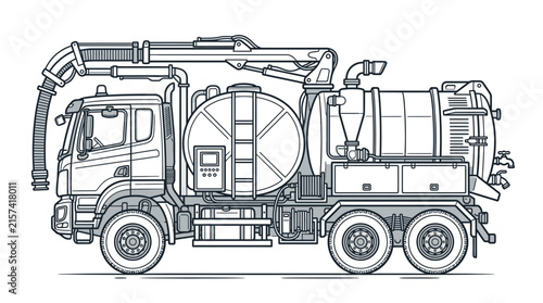 Industrial Vacuum Sewer Cleaning Truck Line Art Illustration