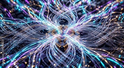 Central AI microchip processor connected to complex network of glowing fiber optic light cables emitting vibrant cyan and purple data signals on motherboard background