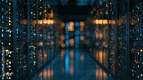 Dimly lit digital corridor with glowing server racks and bokeh lights