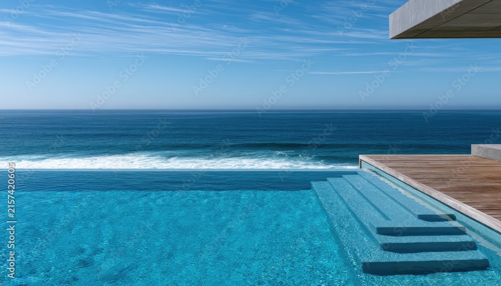 Fototapeta premium Modern home with infinity pool overlooking a vast ocean horizon