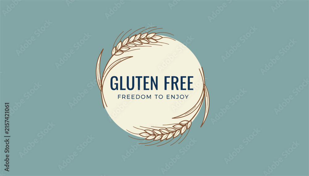 Naklejka premium Gluten free dietary label design featuring the text inside a circle framed by hand drawn wheat stalks on a muted blue background.