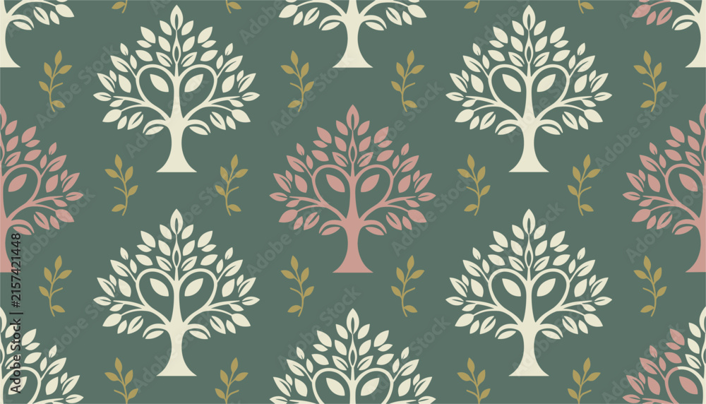 Fototapeta premium Seamless botanical pattern featuring repeating white and pink trees with golden leaf sprigs on a dark forest green background for elegant textiles.