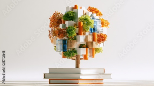 Sculptural tree of knowledge and nature built on stacked books