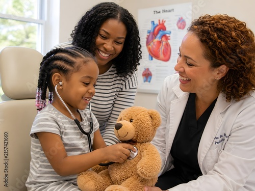 Little Girl Using Stethoscope on Teddy Bear with Mother and Female Pediatrician During Medical Examination