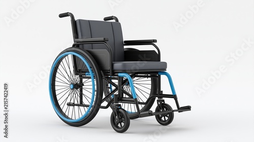Modern smart electric wheelchair with recline and leg rest function, light‑blue background, disability elderly rehabilitation assistive medical device 3D render asset