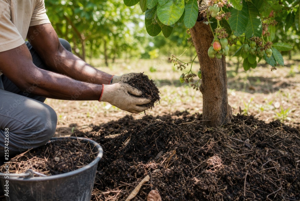 Fototapeta premium Handsome farmer carefully mulching young grapevine in lush vineyard with fresh soil, organic farming, agricultural close-up, vibrant greenery, professional gardening techniques