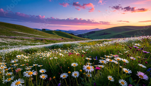 Beautiful Blooming Daisy Field on Rolling Green Hills Under a Stunning Purple Sunset Sky Landscape